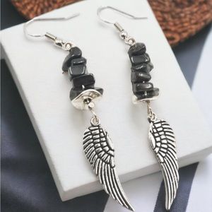Genuine Hematite angel wings dangly earrings